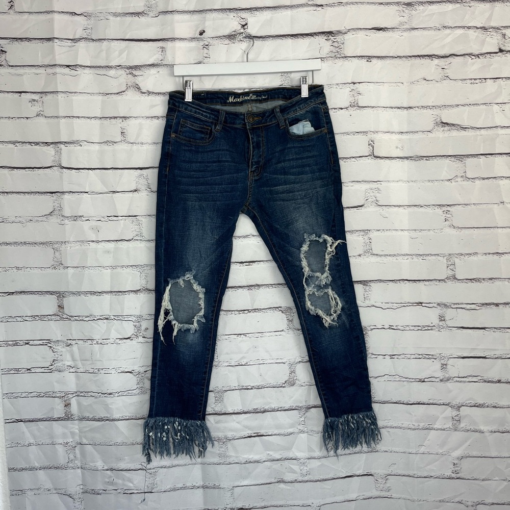 Machine Nouvelle Mode Blue Capri Jeans High Rise Raw Frayed Knee 30 Ripped Dark